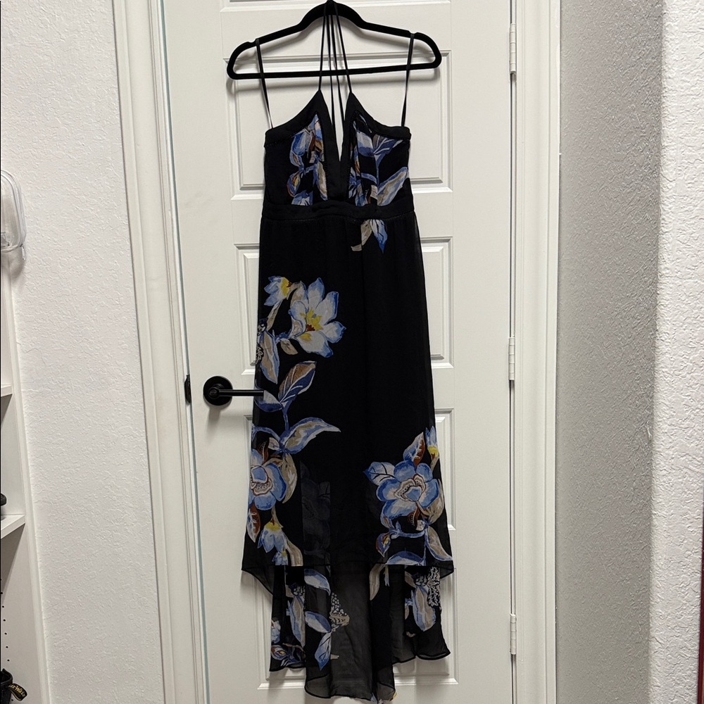 White House Black Market Black and Blue Floral High Low Dress